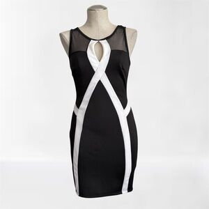 Cameo Black & White Colorblock Bodycon Dress Mesh Detail Medium